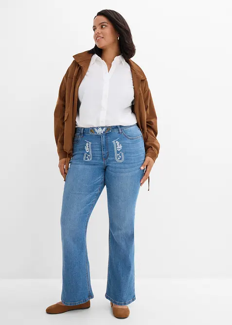 Jeans bootcut bavaresi con ricami, vita media, bonprix