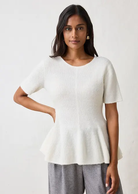Maglione a maniche corte in misto  lana con baschina, bonprix