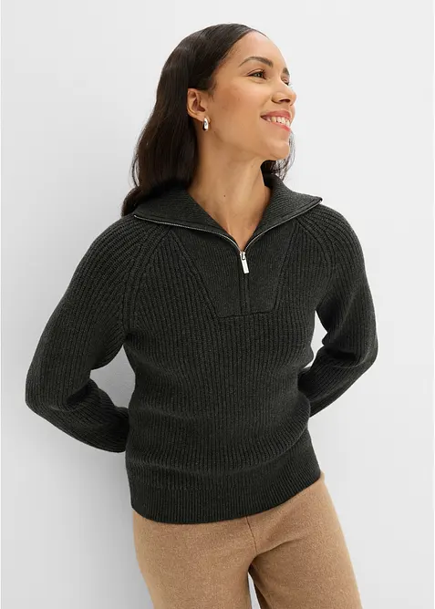 Maglione con collo alto e zip in misto viscosa morbido, bonprix
