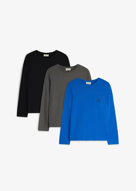 Maglia a maniche lunghe in cotone biologico morbido con taschino al petto (pacco da 3), bonprix