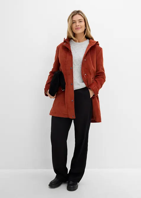 Parka svasato in velluto con fodera in pile teddy e cappuccio, bonprix