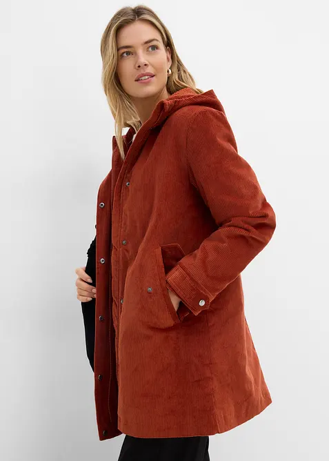 Parka svasato in velluto con fodera in pile teddy e cappuccio, bonprix