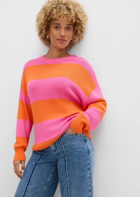 Maglione con scollo rotondo in maglia fine color block, bonprix