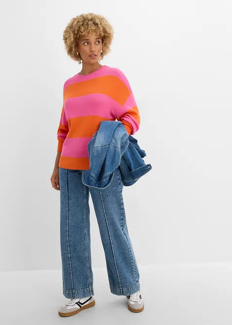 Maglione con scollo rotondo in maglia fine color block, bonprix
