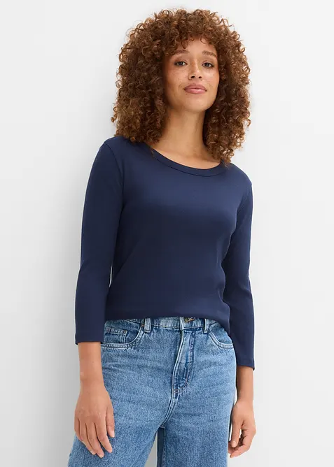 Maglia a costine in puro cotone biologico con maniche a 3/4 (pacco da 3), bonprix