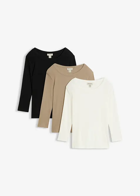 Maglia a costine in puro cotone biologico con maniche a 3/4 (pacco da 3), bonprix