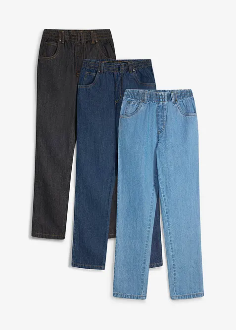 Pantaloni regular fit con elastico in vita in puro cotone, straight (pacco da 3), bonprix