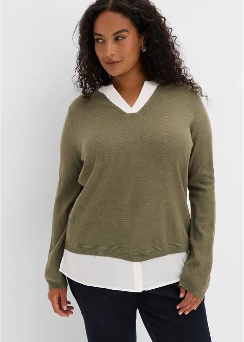 Maglione in filato fine con inserti effetto camicia, bonprix
