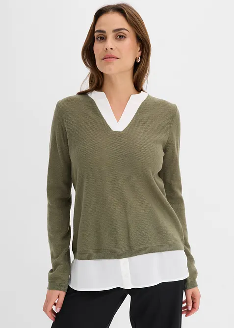 Maglione in filato fine con inserti effetto camicia, bonprix