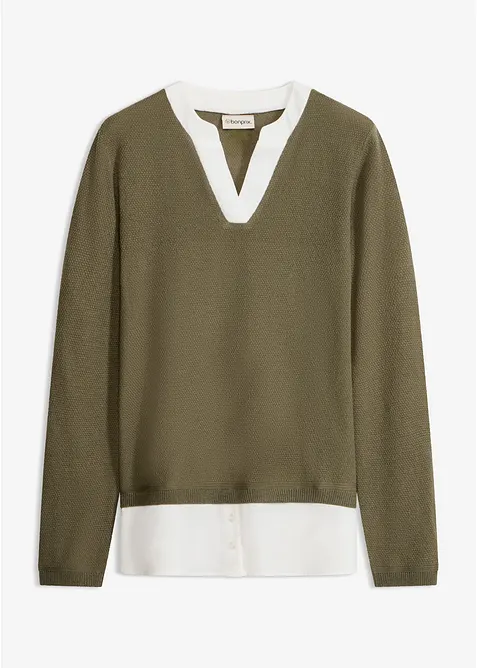 Maglione in filato fine con inserti effetto camicia, bonprix