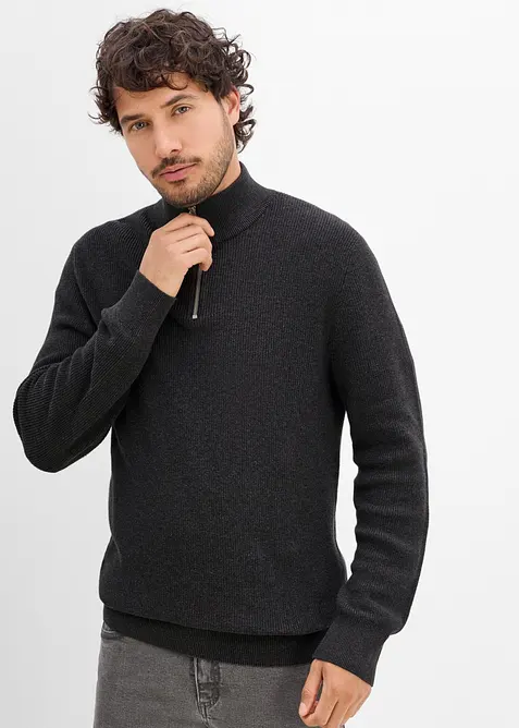 Maglione con collo alto e zip in puro cotone, bonprix
