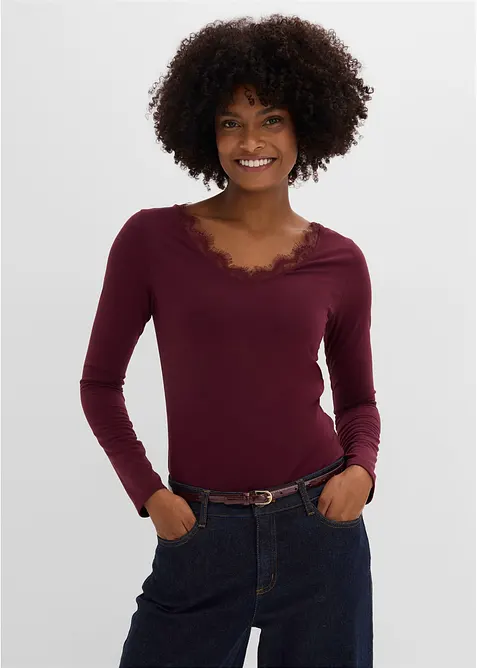 Maglia in jersey singolo e pizzo con scollo a V, bonprix