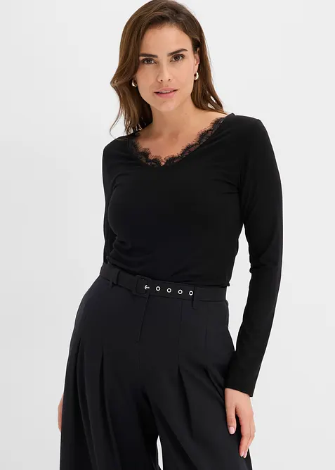 Maglia in jersey singolo e pizzo con scollo a V, bonprix