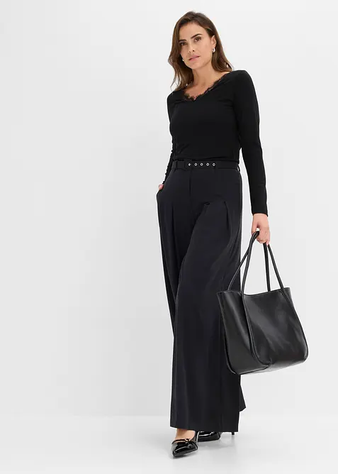Maglia in jersey singolo e pizzo con scollo a V, bonprix