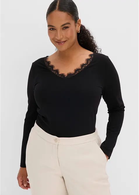 Maglia in jersey singolo e pizzo con scollo a V, bonprix