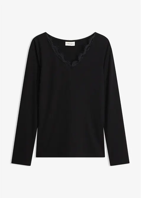 Maglia in jersey singolo e pizzo con scollo a V, bonprix