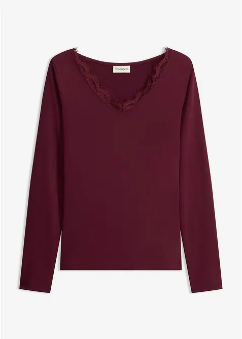 Maglia in jersey singolo e pizzo con scollo a V, bonprix