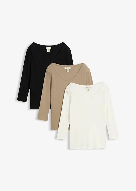 Maglia a costine in puro cotone biologico con maniche a 3/4 (pacco da 3), bonprix