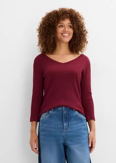 Maglia a costine in puro cotone biologico con maniche a 3/4 (pacco da 3), bonprix