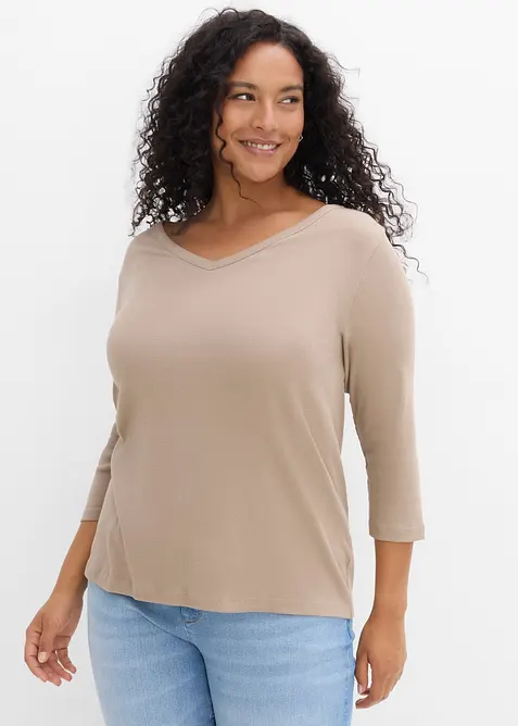 Maglia a costine in puro cotone biologico con maniche a 3/4 (pacco da 3), bonprix