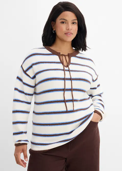 Maglione in misto cotone con laccetto allo scollo, bonprix