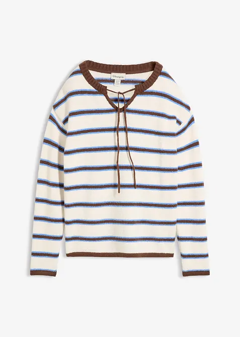 Maglione in misto cotone con laccetto allo scollo, bonprix
