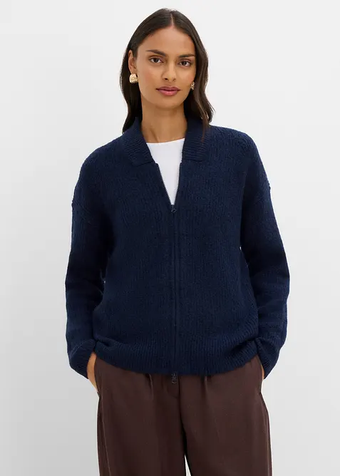 Cardigan con zip in morbido in misto lana, bonprix