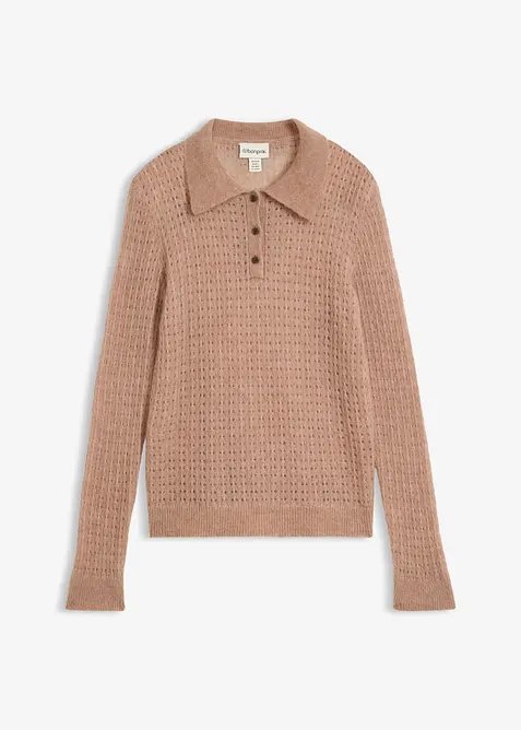 Maglione stile polo in maglia morbida traforata, bonprix
