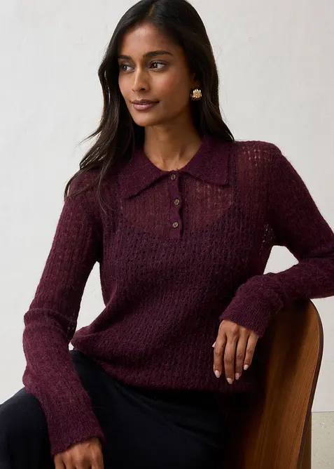 Maglione stile polo in maglia morbida traforata, bonprix