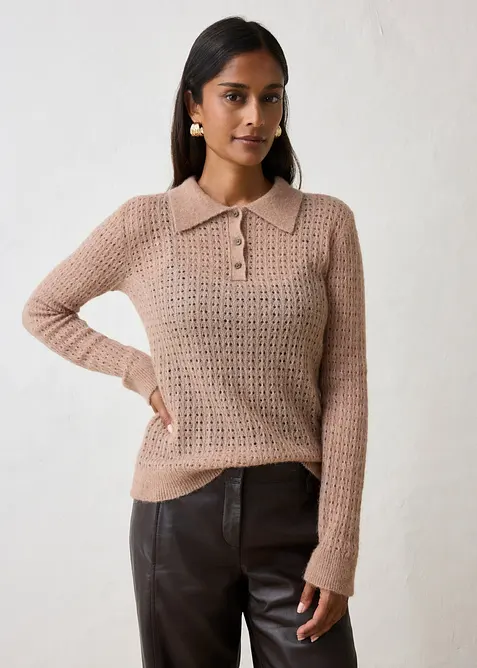 Maglione stile polo in maglia morbida traforata, bonprix