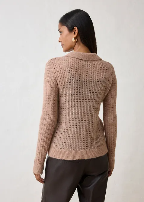 Maglione stile polo in maglia morbida traforata, bonprix