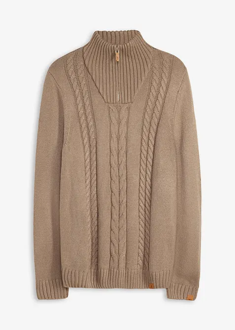 Maglione in lavorazione a trecce con collo e zip, bonprix
