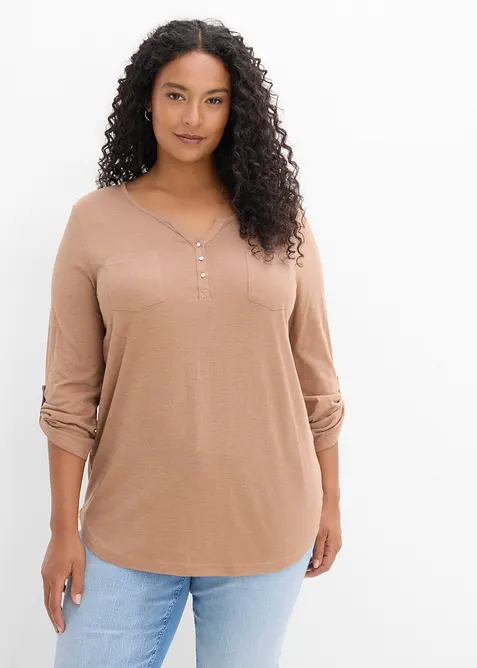 Maglia serafino in cotone con bottoni, bonprix