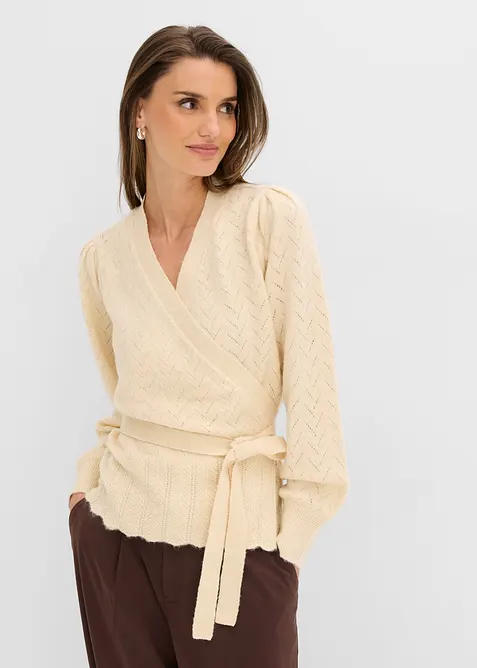 Maglione con effetto incrociato e maniche a sbuffo, bonprix