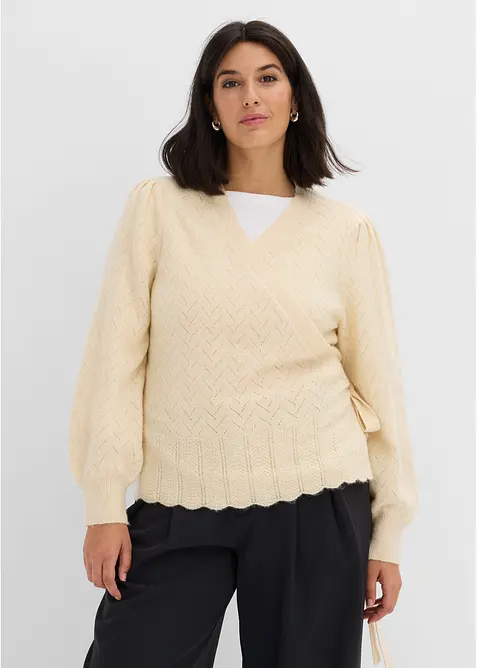 Maglione con effetto incrociato e maniche a sbuffo, bonprix