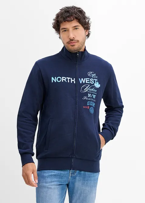 Felpa con zip e colletto dritto in puro cotone, bonprix