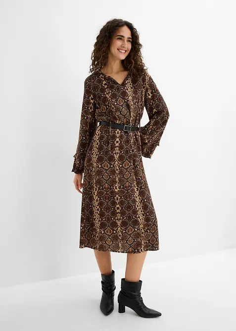 Abito midi in misto viscosa fine con cintura, bonprix
