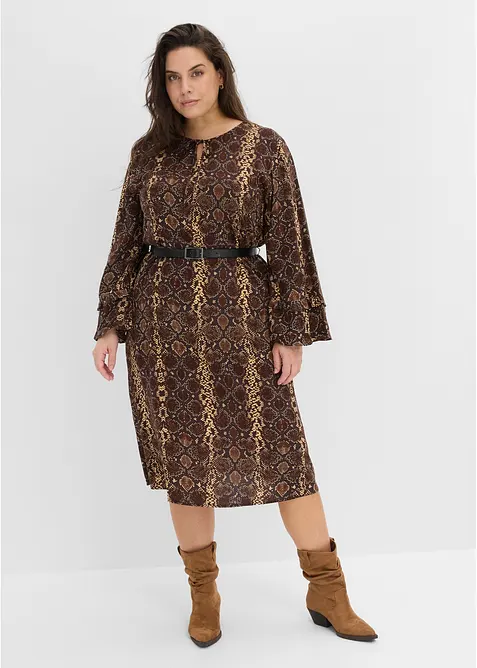 Abito midi in misto viscosa fine con cintura, bonprix