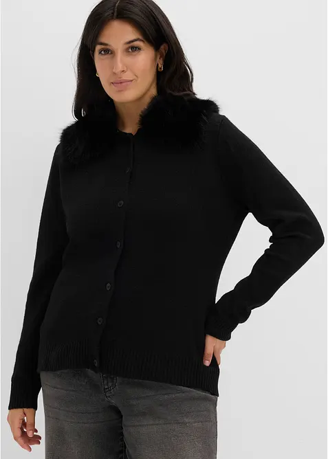 Cardigan sciancrato con collo in ecopelliccia, bonprix