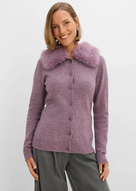 Cardigan sciancrato con collo in ecopelliccia, bonprix