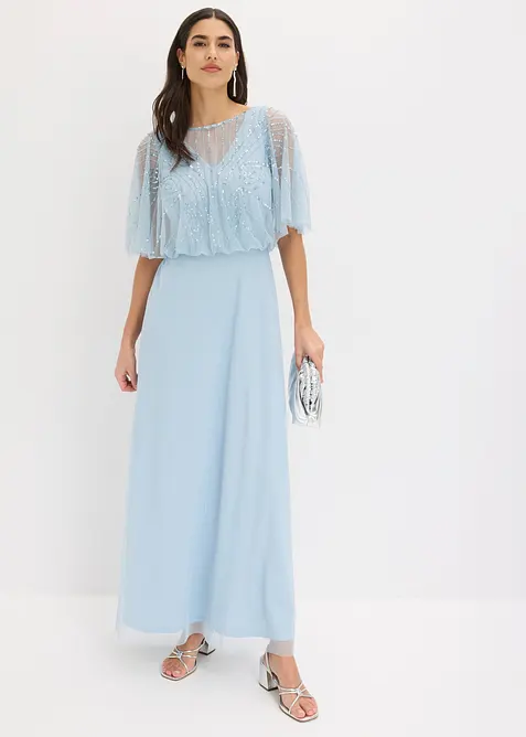 Abito lungo in fine tulle con ricami e paillettes, bonprix