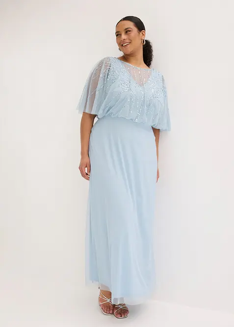 Abito lungo in fine tulle con ricami e paillettes, bonprix