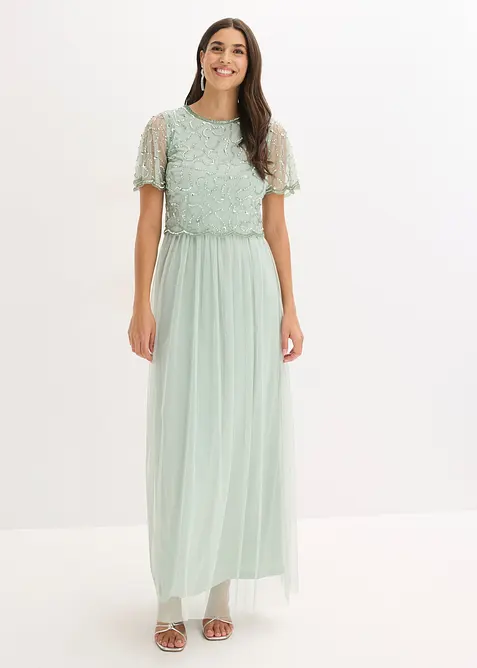 Abito lungo in fine tulle con ricamo e paillettes, bonprix