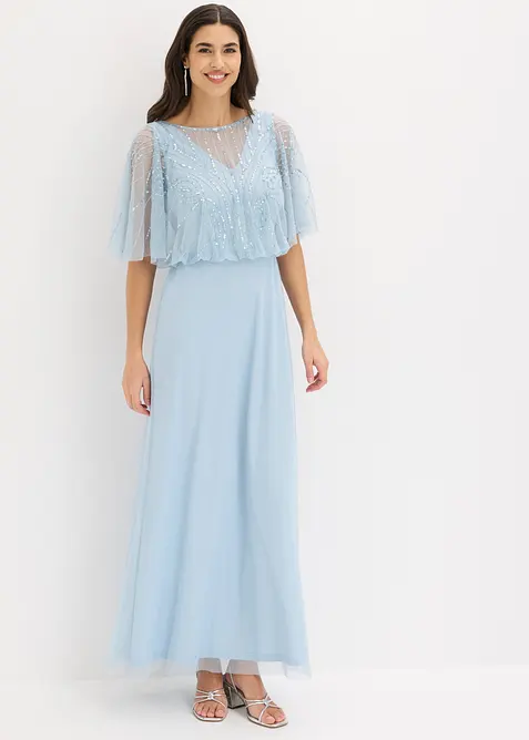 Abito lungo in fine tulle con ricami e paillettes, bonprix