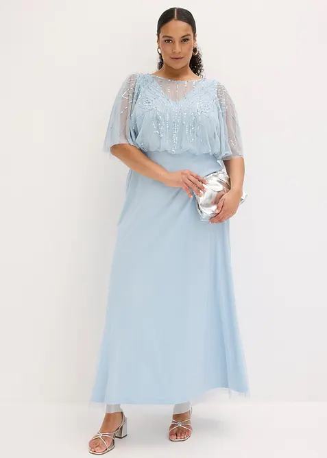 Abito lungo in fine tulle con ricami e paillettes, bonprix