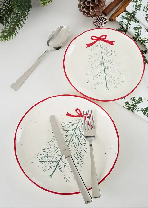 Servizio di piatti decorati con albero di Natale e fiocchetto (set 6 pezzi), bonprix