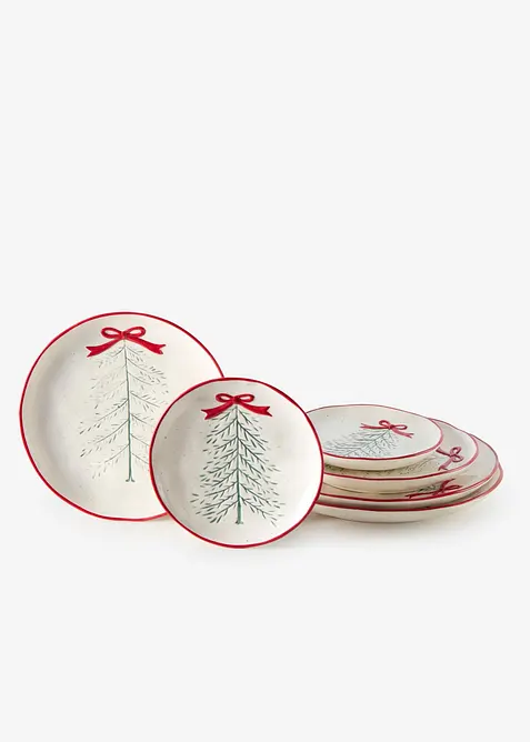 Servizio di piatti decorati con albero di Natale e fiocchetto (set 6 pezzi), bonprix