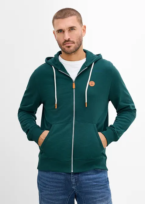 Felpa con zip, cappuccio e dettagli in similpelle, bonprix