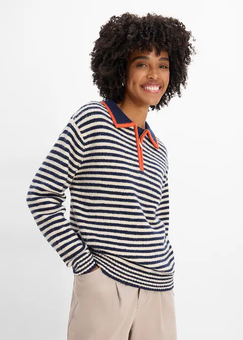 Maglione con mezza zip in maglia operata, bonprix