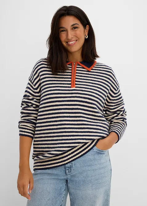 Maglione con mezza zip in maglia operata, bonprix